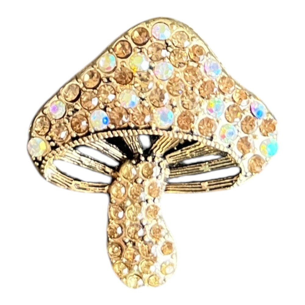 Mushroom Brooch Pin Women's Gold Tone 1.75" Rhinestone Crystal Accent Jewelry